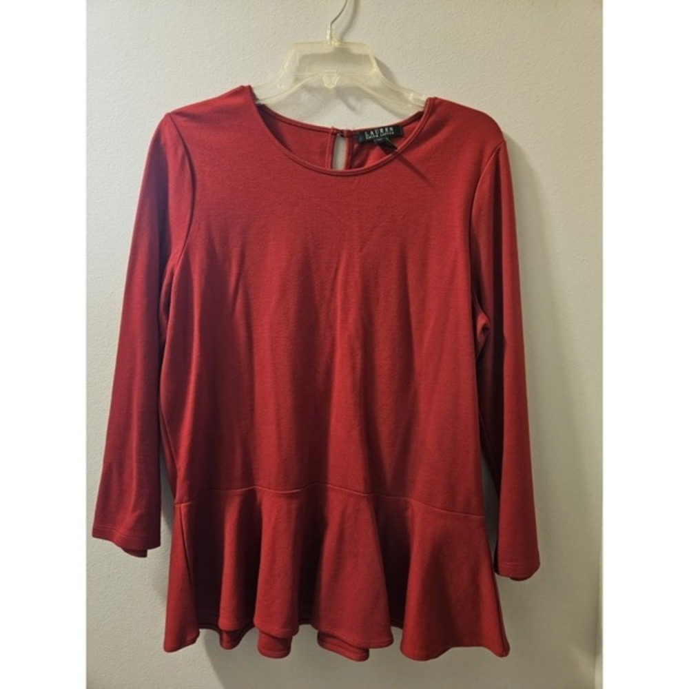 Lauren Ralph Lauren‎ Red Peplum Top Quiet Luxury Workwear Blouse Large